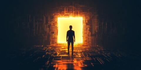 Poster - Person Standing Before an Abstract Glowing Portal in a Dark Space