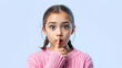 © Stacy - Portrait of impressed astonished girl hear confidential novelty ask dont share secret put index finger lips wear knitted pullover isolated over bright shine color background