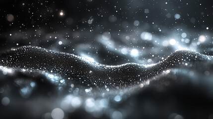 Wall Mural - Blue and silver Abstract Particles Wave Background, silver Glitter Bokeh on Dark Festive Background