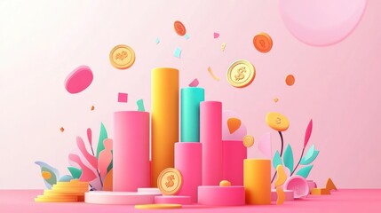 Poster - Colorful abstract podiums with currency, celebratory concept, for digital or print design