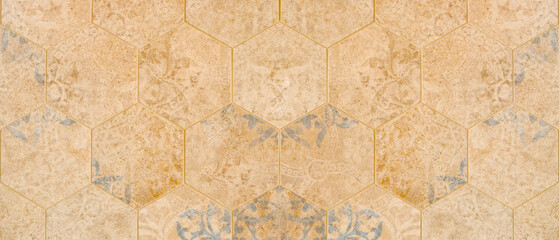 Aufkleber - Old gray brown worn vintage shabby damask patchwork hexagonal hexagon motif tiles tile mosaic stone concrete cement wall texture background banner