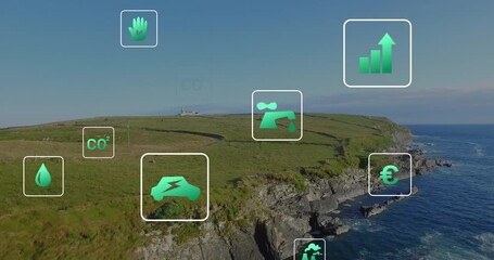 Poster - Floating animation of green energy and sustainability icons over coastal landscape