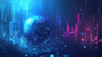 Poster - Futuristic cityscape with Earth globe, vibrant digital art, possible use for technology backgrounds