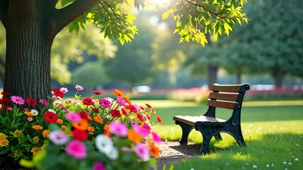 Aufkleber - A bench is in a park with a tree behind it. The bench is black and there are flowers in the background