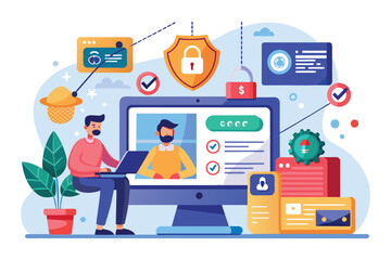Aufkleber - a user engages with a computer while learning about phishing accounts and online security measures, 