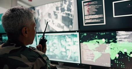 Aufkleber - Woman, talk and radio with computer screen for security video, military air control and monitor war. Person, communication and global surveillance for safety, government protection and report danger
