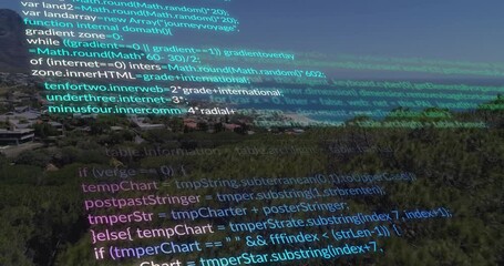 Poster - Aerial view of coastal landscape with animated computer code overlay