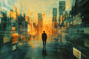 Poster - A man walks down a long, empty city street