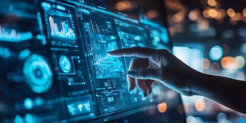Poster - hand interacting with futuristic digital interface displaying data analytics and visualizations