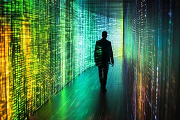 Poster - Silhouette of Businessman Walking Through Digital Data Stream