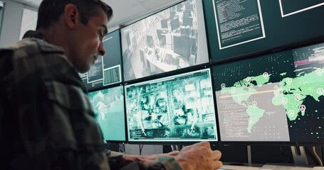 Aufkleber - Army, man and computer screen for military safety, battle location and monitoring war. Soldier, spy feedback and global surveillance with satellite warning, government protection and secret services