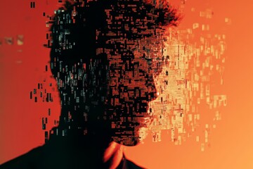 Poster - Abstract Portrait of a Man with Pixelated Effect in Red Background