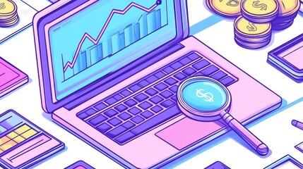 Poster - Pastel Laptop with Charts, Money, & Magnifying Glass