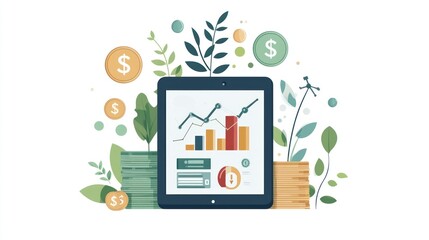 Poster - Digital tablet with financial growth chart, surrounded by money and nature. Financial data. Possible use for investment, finance, technology