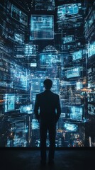 Poster - A man stands in front of a large projection of a city