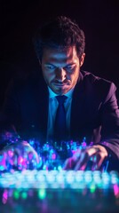 Poster - A man in a suit is typing on a keyboard with a bright neon light
