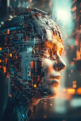 Poster - futuristic cybernetic portrait with neon light and circuit patterns