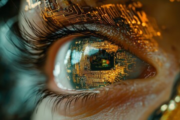 Poster - Close-Up of Human Eye Reflecting Digital Circuitry and Innovation