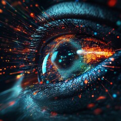 Poster - Futuristic Eye with Digital Elements and Glowing Particles