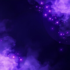 Wall Mural - A dark, mystical background with purple sparks, swirling smoke, and magic fire particle effects, featuring foggy clouds and abstract violet energy for a spooky Halloween frame