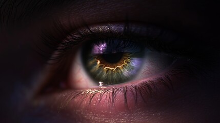 Poster - Close-up of a human eye showcasing detailed iris patterns and vibrant colors during a creative lighting setup