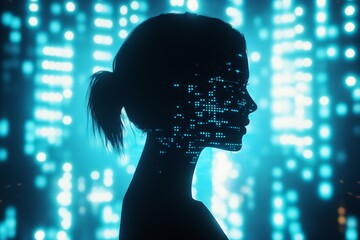 Poster - Silhouette of Woman with Digital Patterns Against Neon Background
