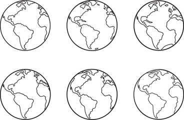 set of globe with earth line art, black outline, vector and illustration, coloring book page line ar