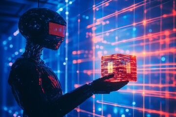 Poster - futuristic robot holding glowing cube in digital environment