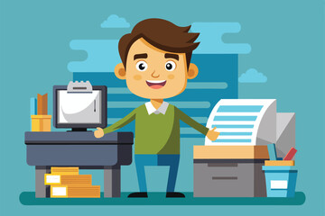 Poster - A cheerful cartoon character stands beside a photocopier and computer in a playful office environment, Photocopy Customizable Cartoon Illustration