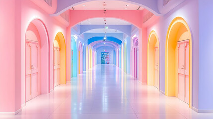 pastel doors line a long hallway in an indoor, modern, colorful building