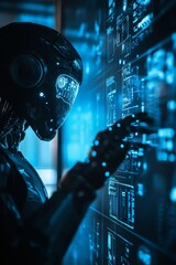 Poster - Futuristic Robot Analyzing Digital Data in Neon Environment