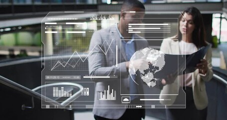 Poster - Business professionals analyzing digital data with global network animation overlay