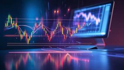 Poster - Visual representation of stock market trends with colorful graphs and data analysis on a computer screen in an evening setting