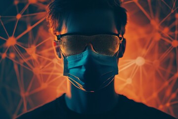 Poster - Person in Mask and Glasses with Abstract Background and Neon Glow