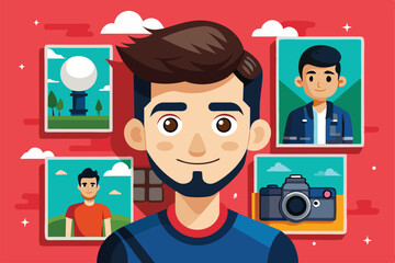Aufkleber - A young man smiles in front of framed illustrations highlighting his passions and interests, Photos Customizable Cartoon Illustration
