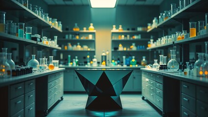Poster - unique laboratory environment with bright chemicals and modern equipment during research activities