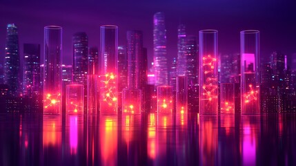 Wall Mural - Neon city skyline, futuristic skyscrapers, vibrant lights, reflected in water, stock photo