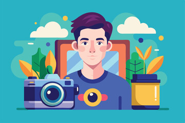 Aufkleber - A young man poses with a camera beside plants, showcasing his passion for photography and nature, Photos Customizable Semi Flat Illustration