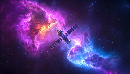 Satellite orbiting Earth in vibrant nebula against a celestial, starry background