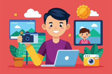Poster - a cheerful individual is sharing a photo online while working on a laptop in a bright environment, p