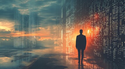 Poster - Mysterious Silhouette Walking Through Digital Landscape at Dusk