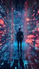 Poster - Man Standing in Futuristic Digital Corridor of Light and Data Flow