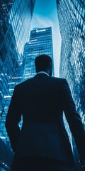 Poster - A man in a suit is walking in front of a building with a large Tm logo on it