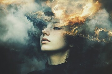 Poster - Dreamlike Portrait of a Woman Amidst Whimsical Clouds and Colors