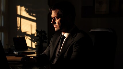Poster - A man in a suit is sitting at a desk with a laptop