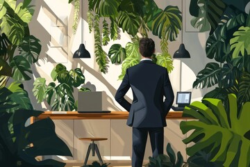 Poster - A man in a suit is looking at a computer screen in a jungle setting