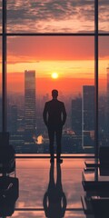 Poster - A man stands in front of a window looking out at the city skyline