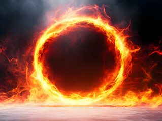 Wall Mural - An abstract fiery circle glowing with vibrant flames against a dark smoky backdrop, evoking a sense of intensity and energy in digital art.