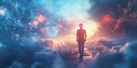 Poster - Surreal Journey of a Figure Through Colorful Cosmic Landscape