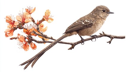 Naklejka na meble Brown bird perched on a blooming branch.